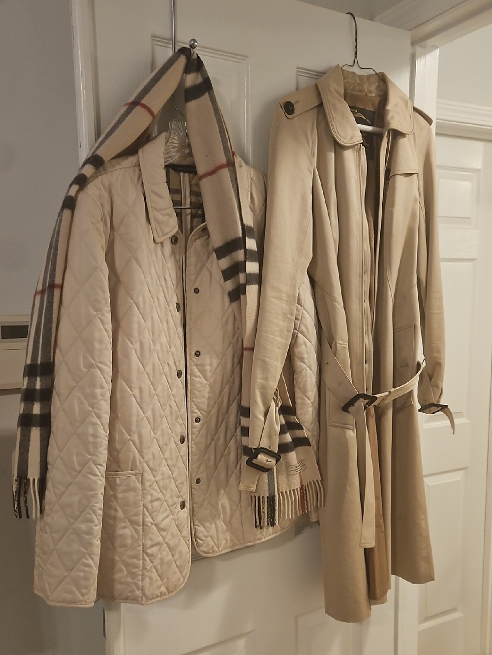 Burberry Beige Check Wool Scarf with Black and Red Stripes and 2 Burberry Coats